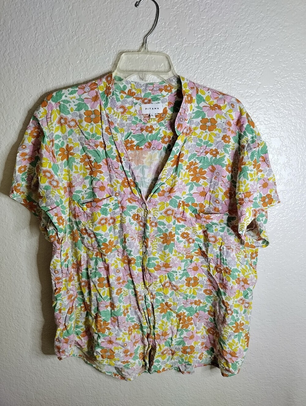 Piyama Short Sleeve Floral Button Down Top Sz L